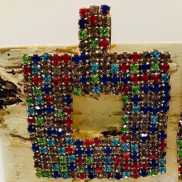 Multi-Color Geometric Diamond Studded Rhinestone Drop Earrings - Picture 5 of 7
